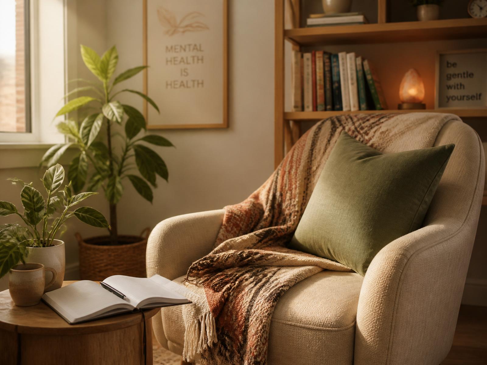 A warm, sunlit reading nook with a soft armchair, throw blanket, and open journal — evoking a calm therapy space.