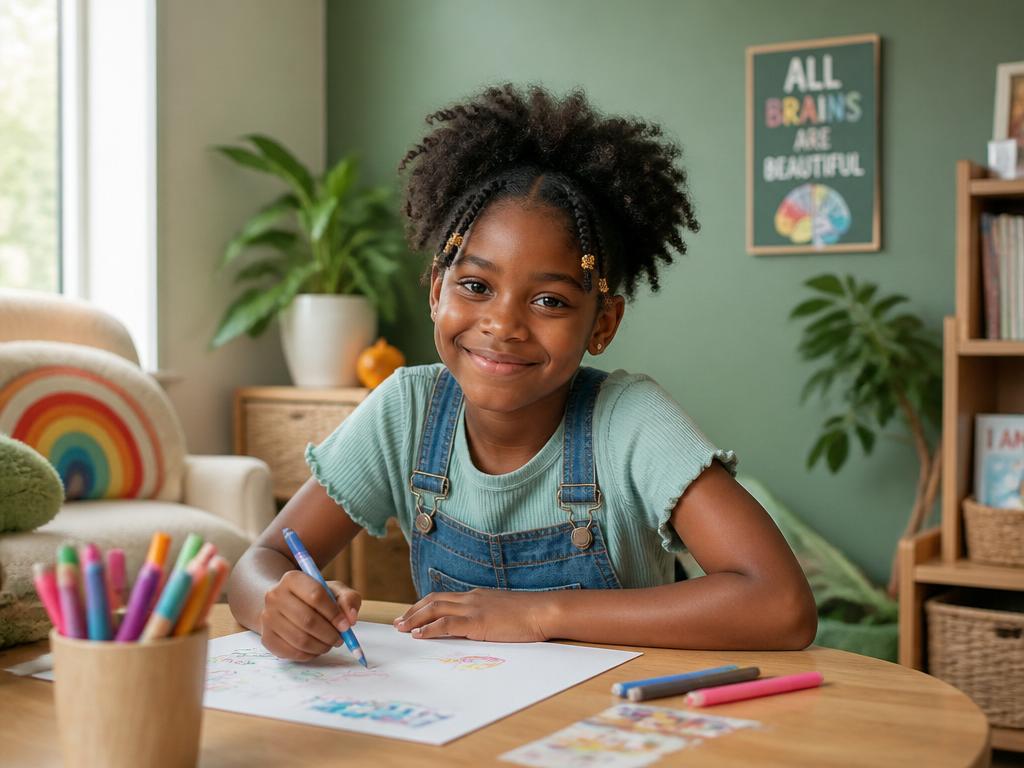 A young Black girl smiles while drawing in a warm, affirming therapy space.