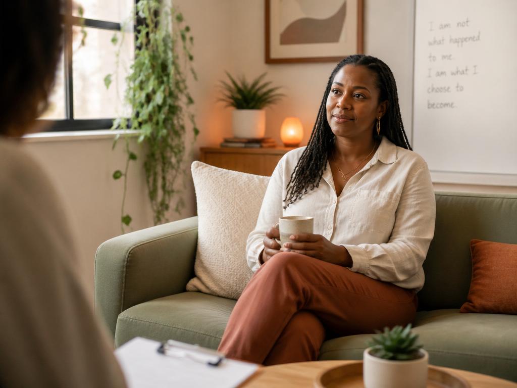 A Black woman sits thoughtfully on a sage sofa during an individual therapy session.
