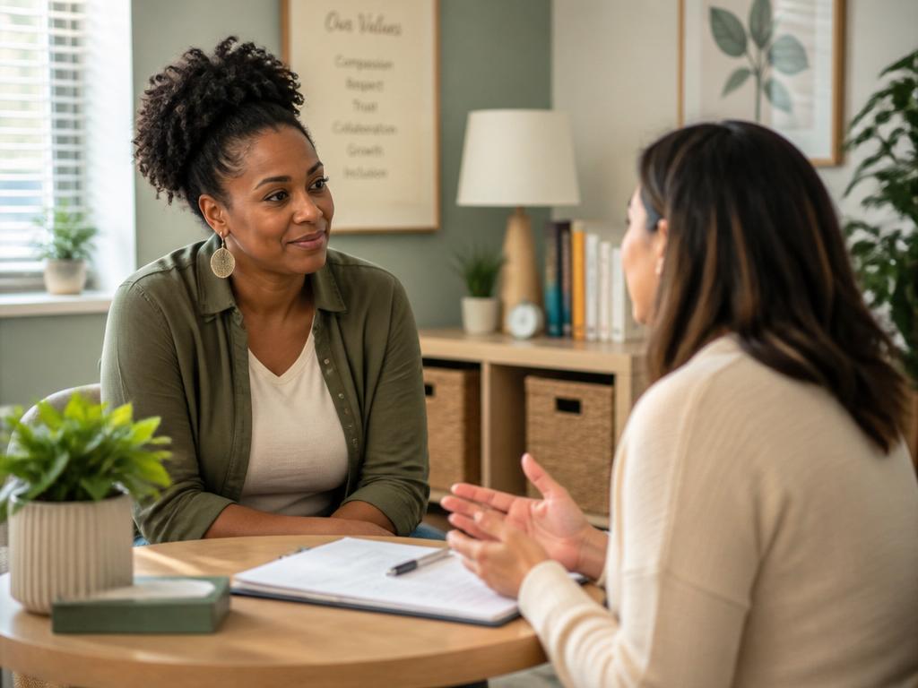 A Black mother talks with a clinician during a compassionate parent consultation.