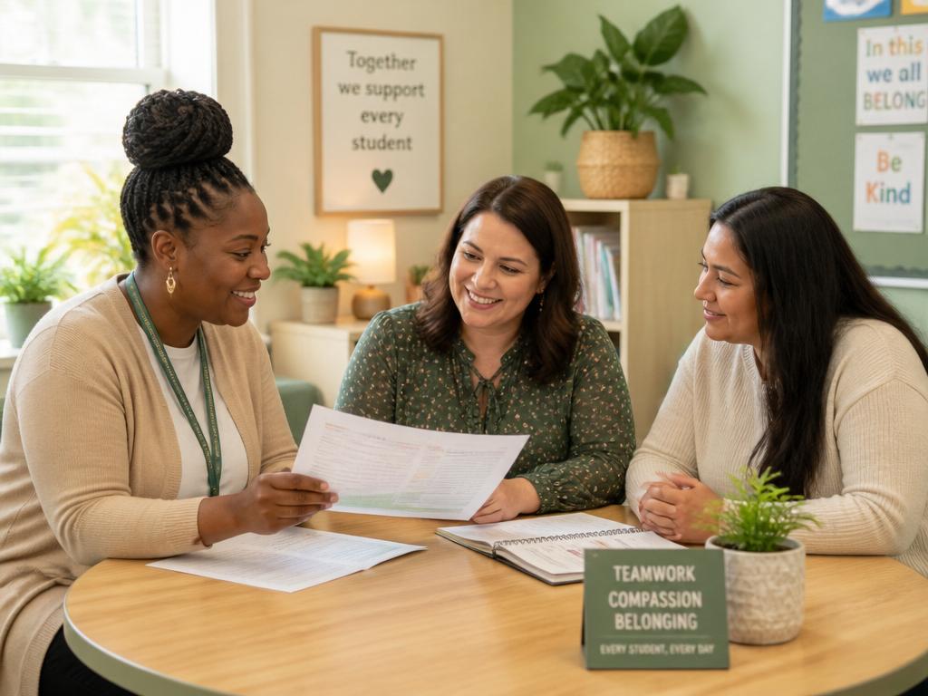 A diverse school team and parent review documents together in a bright office.
