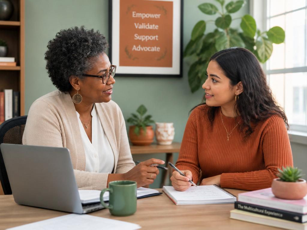 A senior Black clinician mentors a younger Latina social worker during supervision.